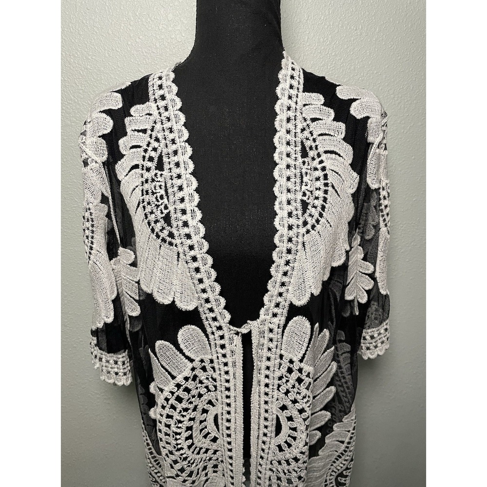 Womens Sheer Black White Floral Lace Kimono Cardigan Duster 80s Boho Chic - Picture 3 of 3